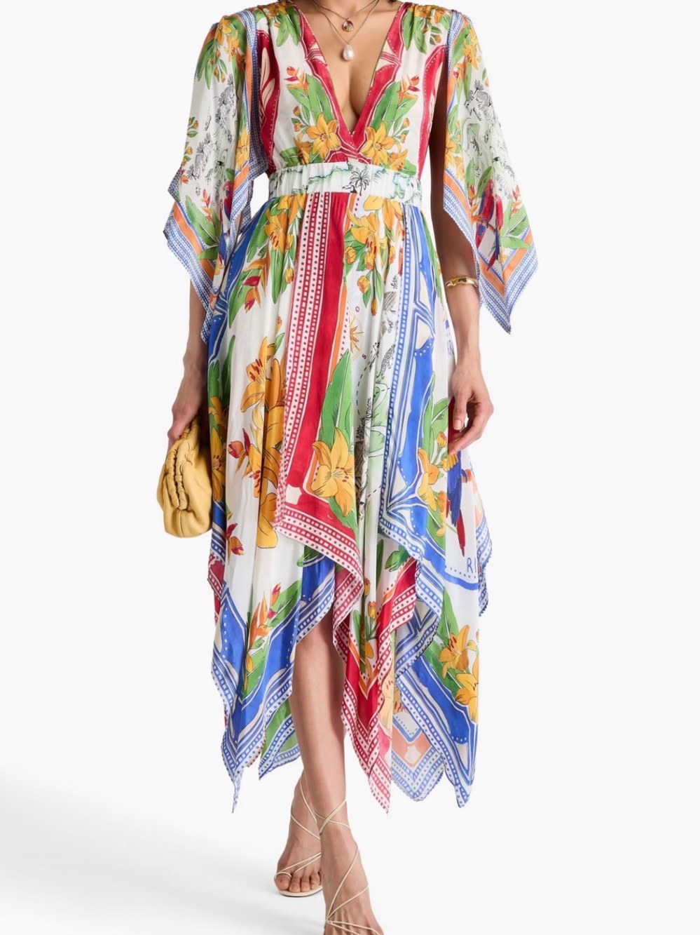 Farm Rio NWT - Floral Scarf-Print V-Neck Handkerchief Hem Dress - White Multi